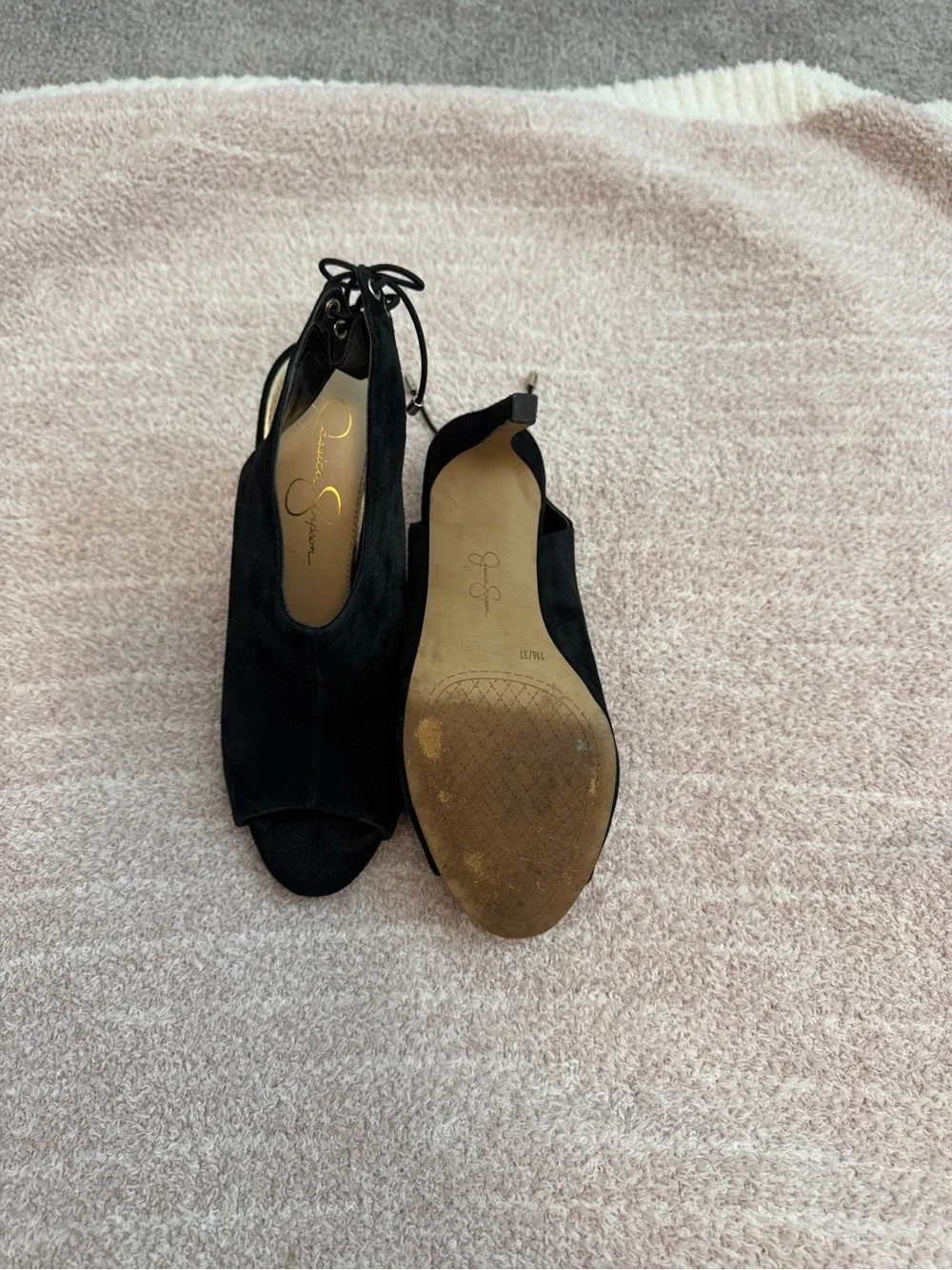 Jessica Simpson Candine 2 Black Suede Tie Back Slingback Peep Toe Pumps